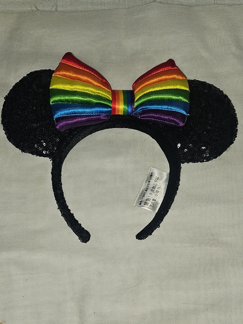 Disney Mickey Ear Headband with  Sequin ear & Rainbow Satin Bow